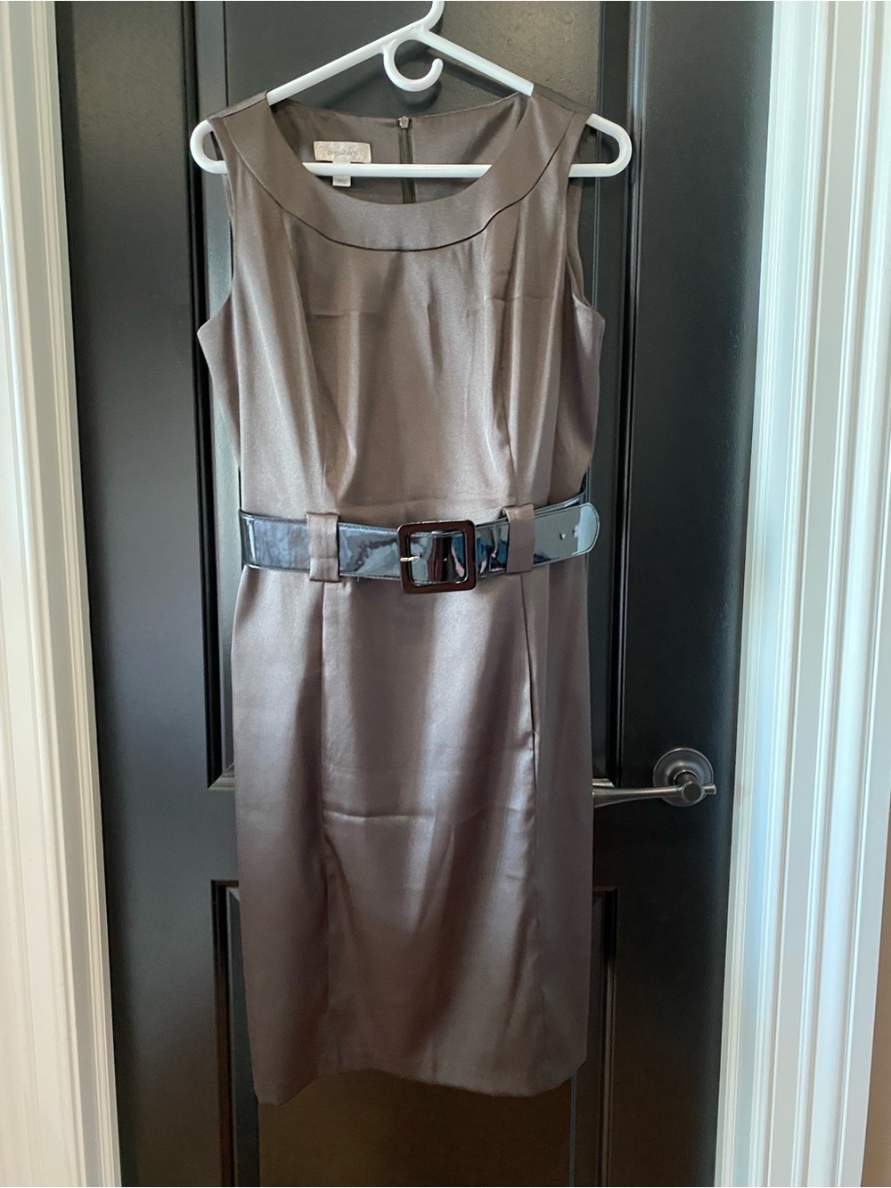 Dress Barn Brown Satin Sleeveless Dress with Glossy Black Belt